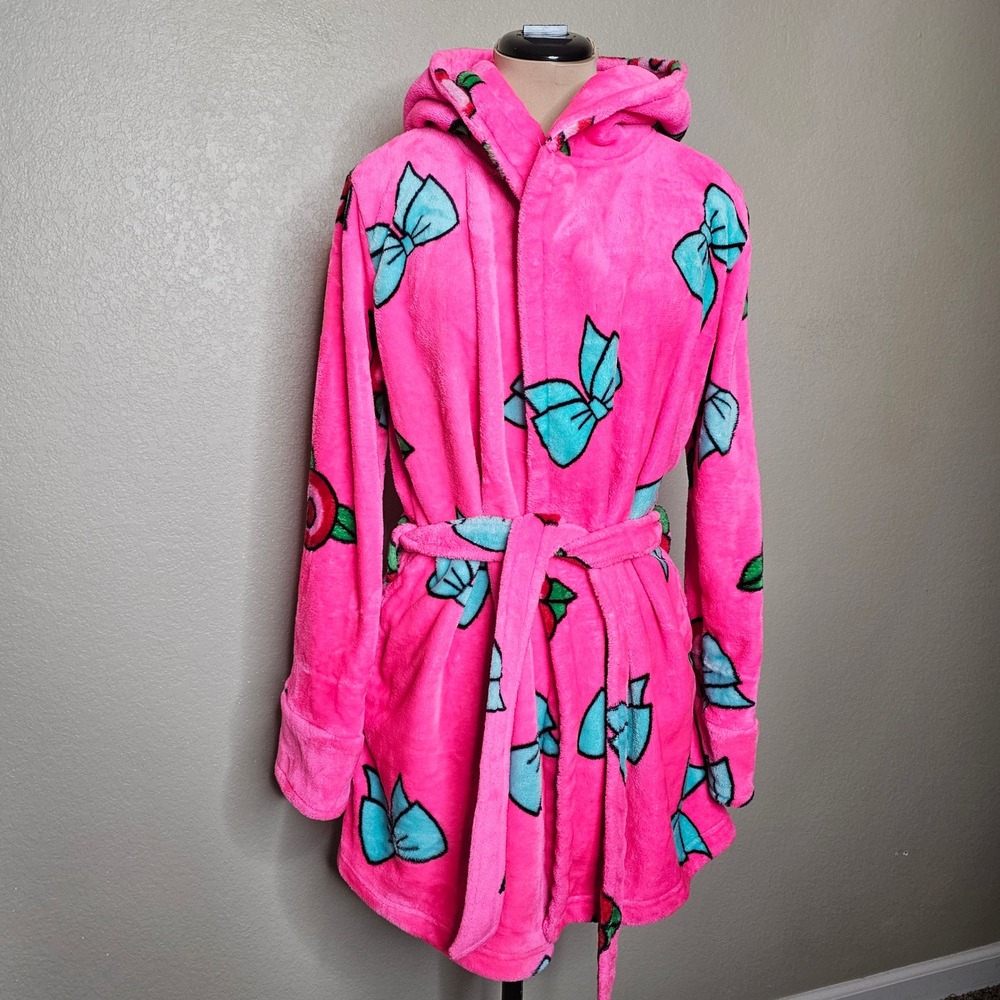 Betsey Johnson Pink‎ Bow Rose Fleece Hooded Robe XS/S Hot Pink Plush Loungewear